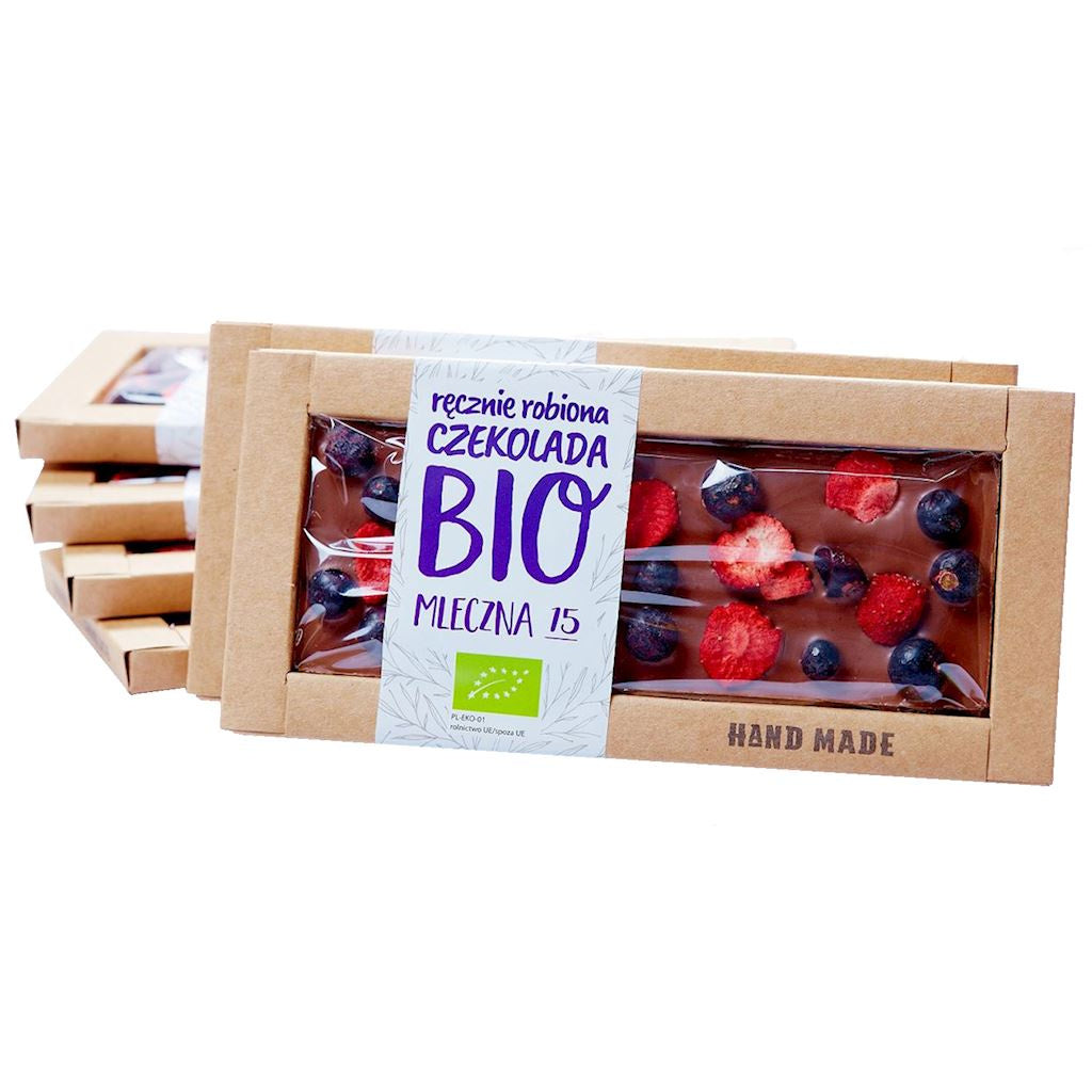 Czekolada mleczna z czarnymi porzeczkami i truskawkami BIO 53 g