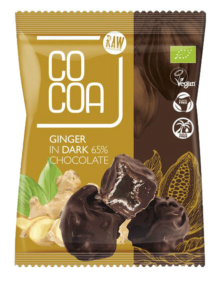 Imbir kandyzowany w ciemnej czekoladzie 65 % bio 70 g - Cocoa
