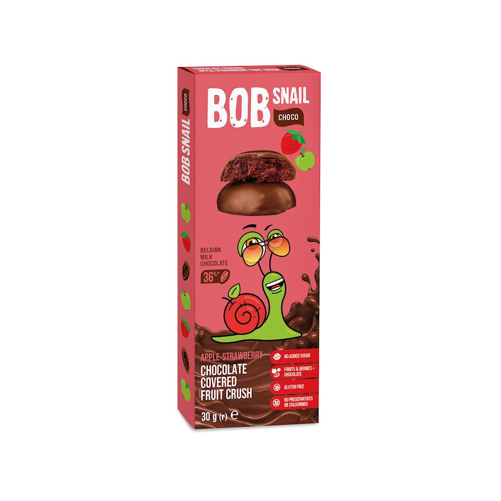 PRZEKĄSKA CHOCO JABŁKO - TRUSKAWKA W MLECZNEJ CZEKOLADZIE BIELGIJSKIEJ BEZ DODATKU CUKRÓW BEZGLUTENOWA 30 g - BOB SNAIL