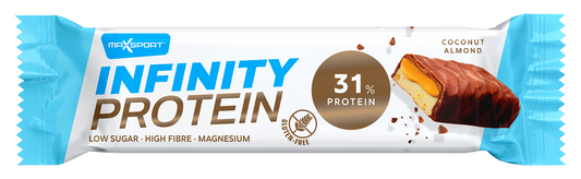 Baton proteinowy z karmelem, kokosem i migdałami w mlecznej czekoladzie bezglutenowy 55 g - MaxSport