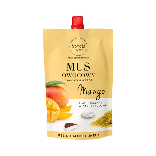 Mus owocowy: mango - płatki jaglane - wiórki kokosowe 100 g - Foods By Ann