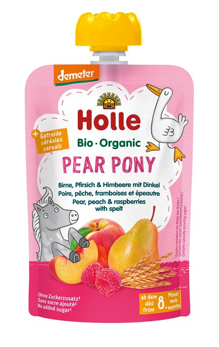 Mus w tubce gruszkowy kucyk (gruszka - brzoskwinia - malina - orkisz) bez dodatku cukrów od 8 miesiąca Demeter BIO 100 g - Holle