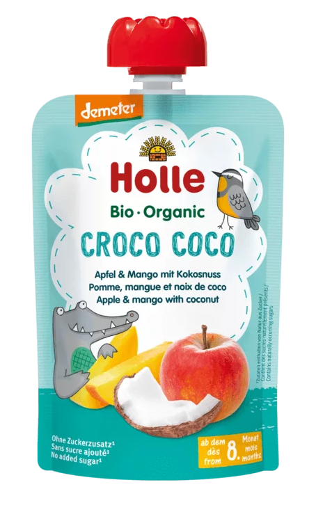Mus w tubce kokosowy krokodyl (jabłko - mango - kokos) bez dodatku cukrów od 8 miesiąca Demeter BIO 100 g - Holle